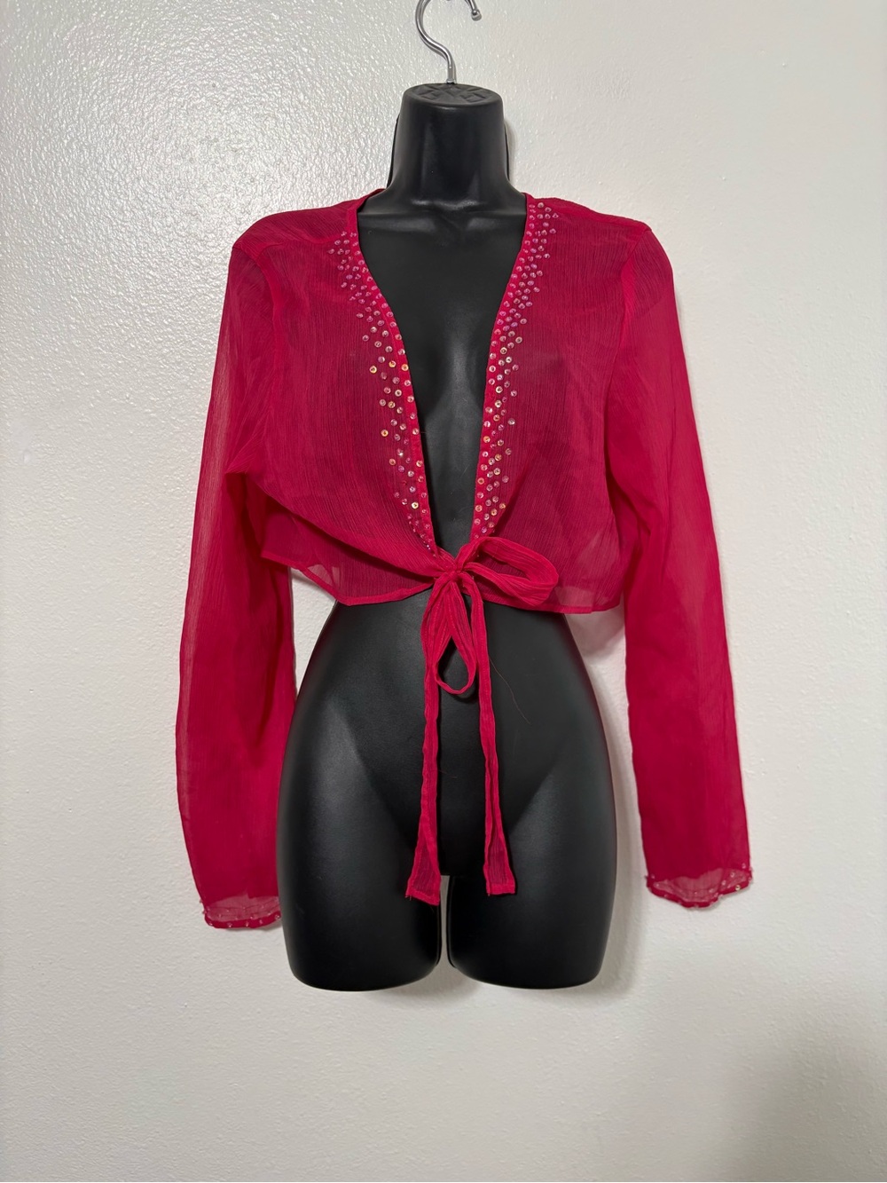 Vintage Metro 7 Size XL Hot Pink Mesh Sequin Bell Sleeve Tie Front Top Y2K